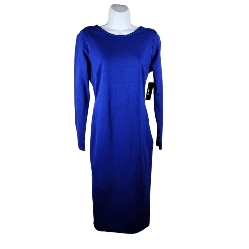 LULU'S BLUE SHEATH DRESS WITH PLUNGING BACK DETAIL